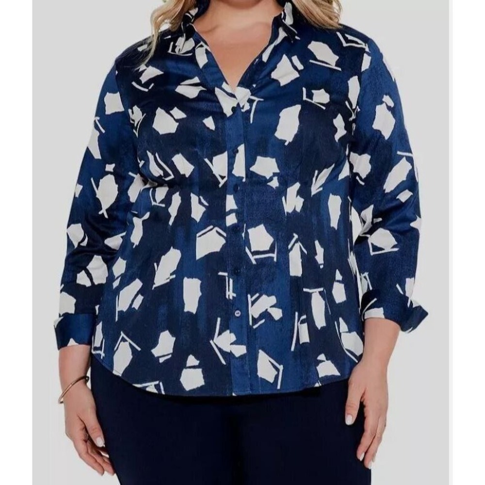 Nic + Zoe Women's Blue Mosaic Long Sleeve Button Up‎ Shirt Plus Size 1X Print